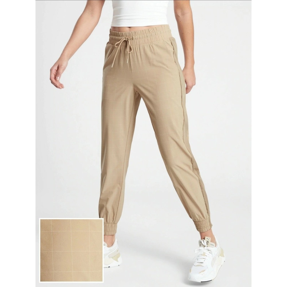 Athleta Brooklyn Textured Jogger Pants Tan Grid Windowpane Size 2 Performance
